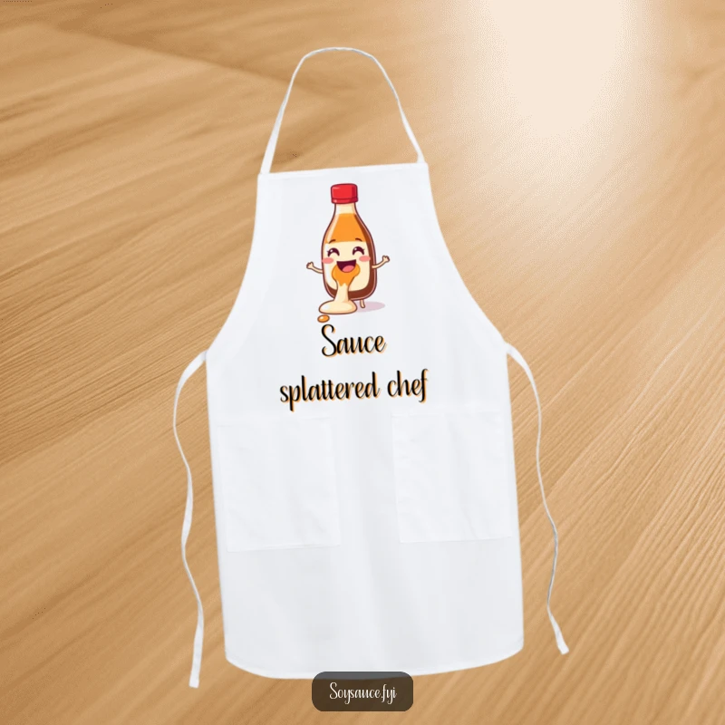 Funny Soy Sauce Glee Spill Apron showing a cheerful bottle character joyfully spilling, perfect for adding humor and a playful spirit to cooking.