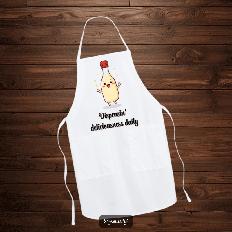 Funny kawaii soy sauce bottle doing a happy dance with its cap, adding a humorous touch to kitchen attire.