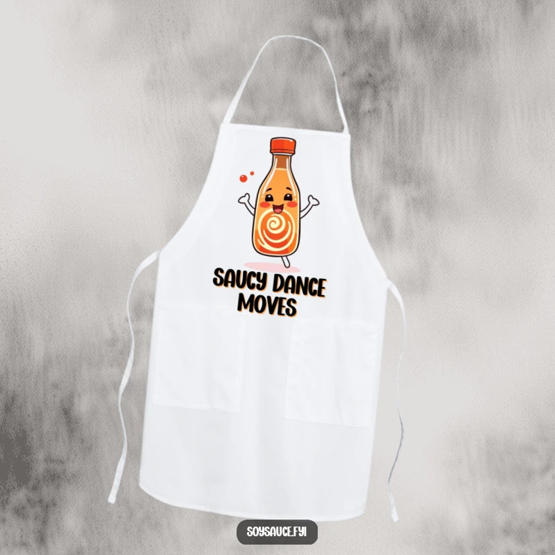 Funny Soy Sauce Apron showing a dancing bottle with a happy swirl pattern, perfect for kitchen fun.