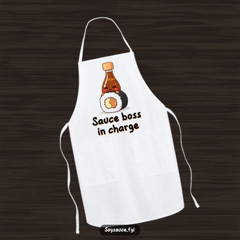 Funny Apron featuring a giggling soy sauce bottle character peeking from behind sushi, blending kitchen practicality with food humor.