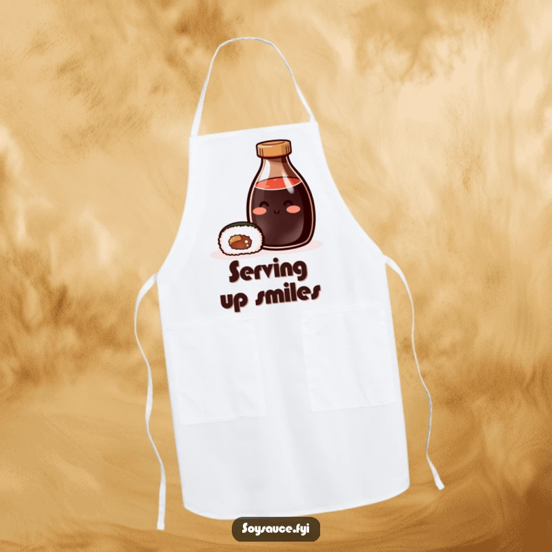 Funny Apron: Kitchen apron adorned with a smiling soy sauce bottle and sushi roll, designed for stylish and fun cooking.