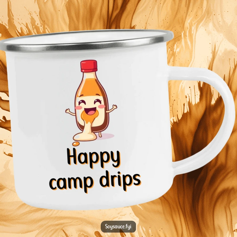 Funny Soy Sauce Glee Spill Camping Mug showing a cheerful bottle character spilling with delight, perfect for outdoor beverages and spreading humorous joy.