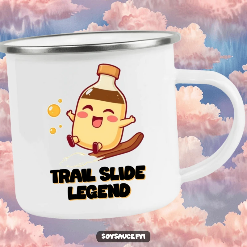 Funny winking soy sauce bottle camping mug doing a smooth slide, perfect for outdoor excursions with a touch of playful swagger.