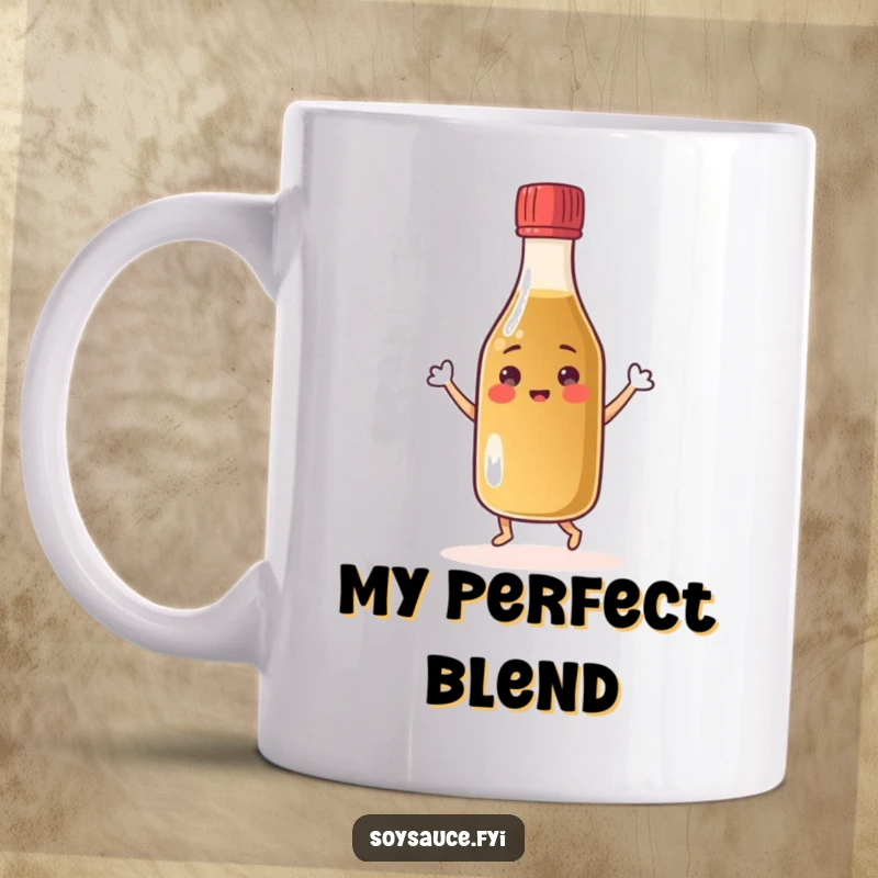 Funny cheerful soy sauce bottle mug dancing with its cap, a happy condiment character full of life.