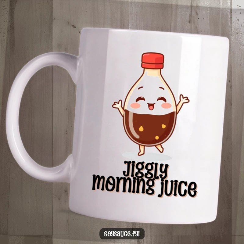 Funny Dancing Soy Sauce Bottle Mug showing a round condiment character in mid-dance, full of joy and energetic humor.