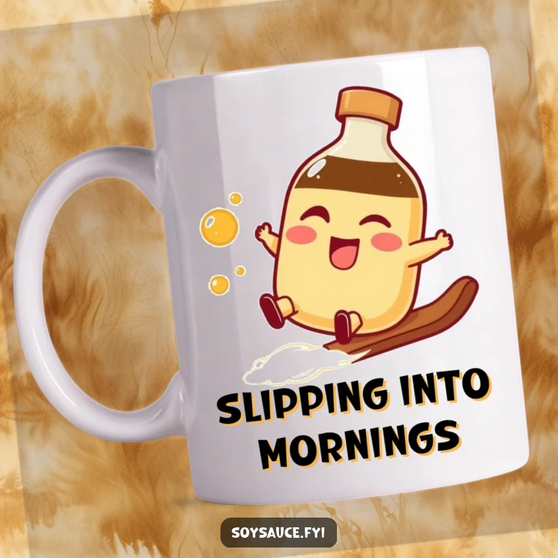 Funny winking soy sauce bottle mug performing a smooth slide, capturing a moment of playful coolness and condiment charm.
