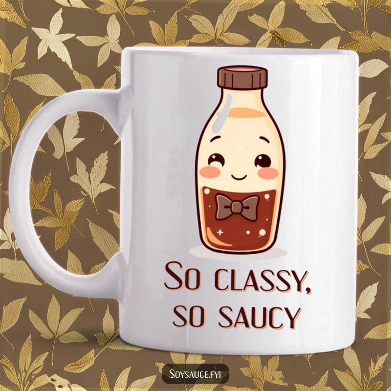 Funny Soy Sauce Bow Tie Mug featuring a smiling condiment character dressed in a dapper bow tie, exuding charm and humor.