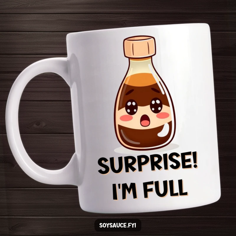 Funny Mug: A soy sauce bottle with wide eyes and a slightly open cap, captured in a moment of comical surprise.