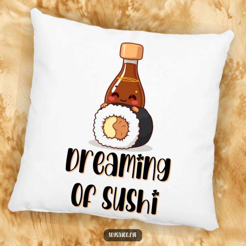 Funny Pillow with a giggling soy sauce bottle character peeking from behind sushi, offering comfort and playful food-themed charm.