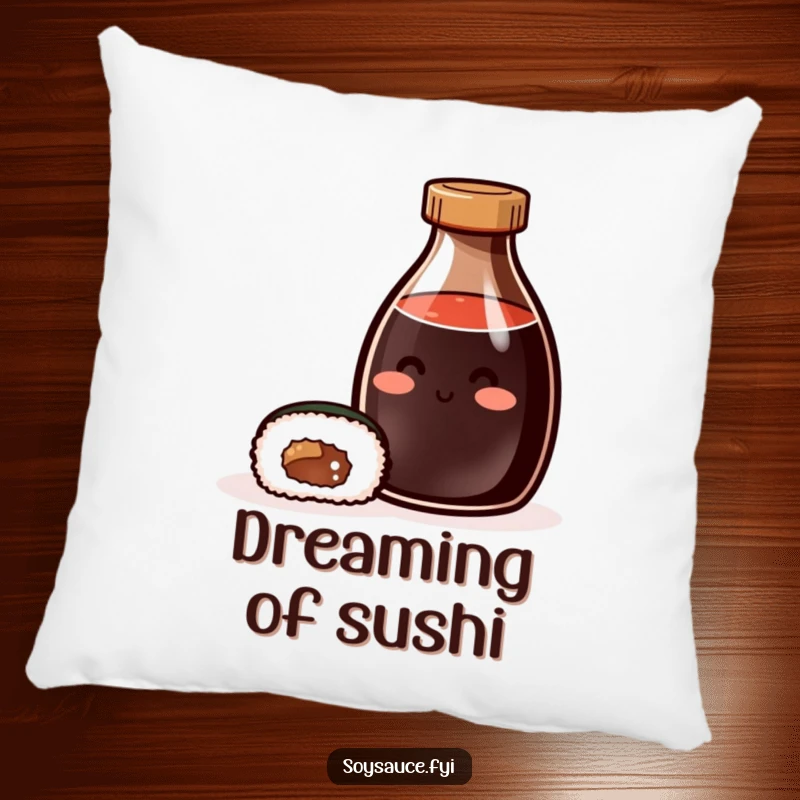 Funny Pillow: A soft cushion featuring a smiling soy sauce bottle and sushi roll, bringing comfort and culinary cheer.