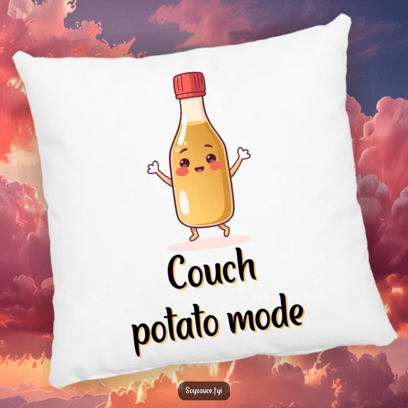 Funny cheerful soy sauce bottle pillow dancing with its cap, a happy condiment character for ultimate comfort.