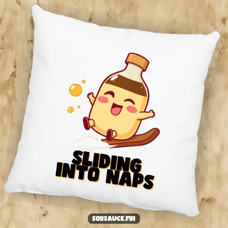 Funny winking soy sauce bottle pillow doing a smooth slide, offering comfort and playful swagger for humorous home decor.