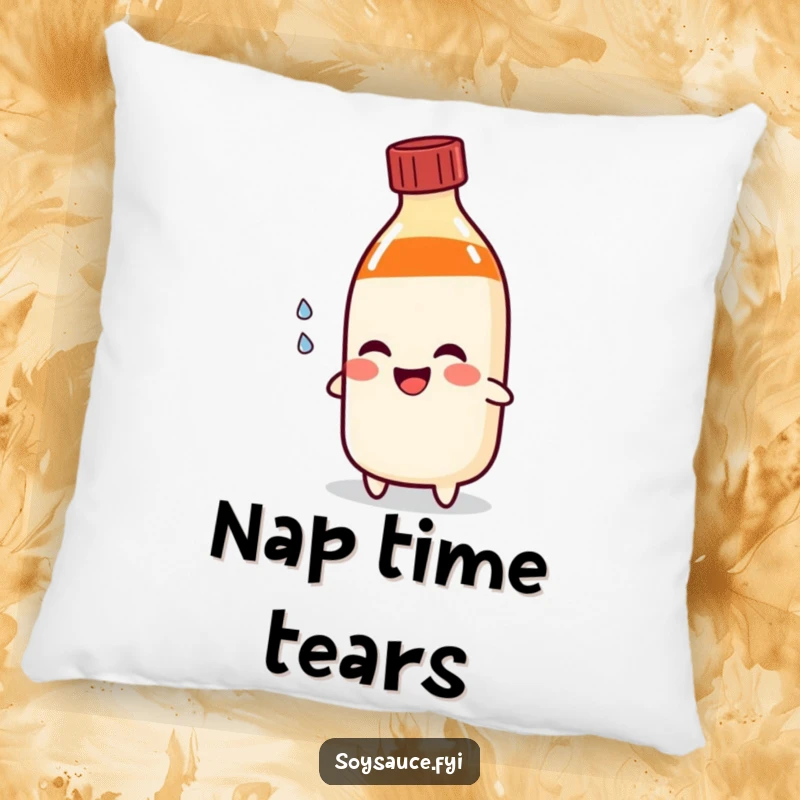 Funny soy sauce bottle pillow shedding a happy tear, a soft and comfortable accent piece for humorous home decor.