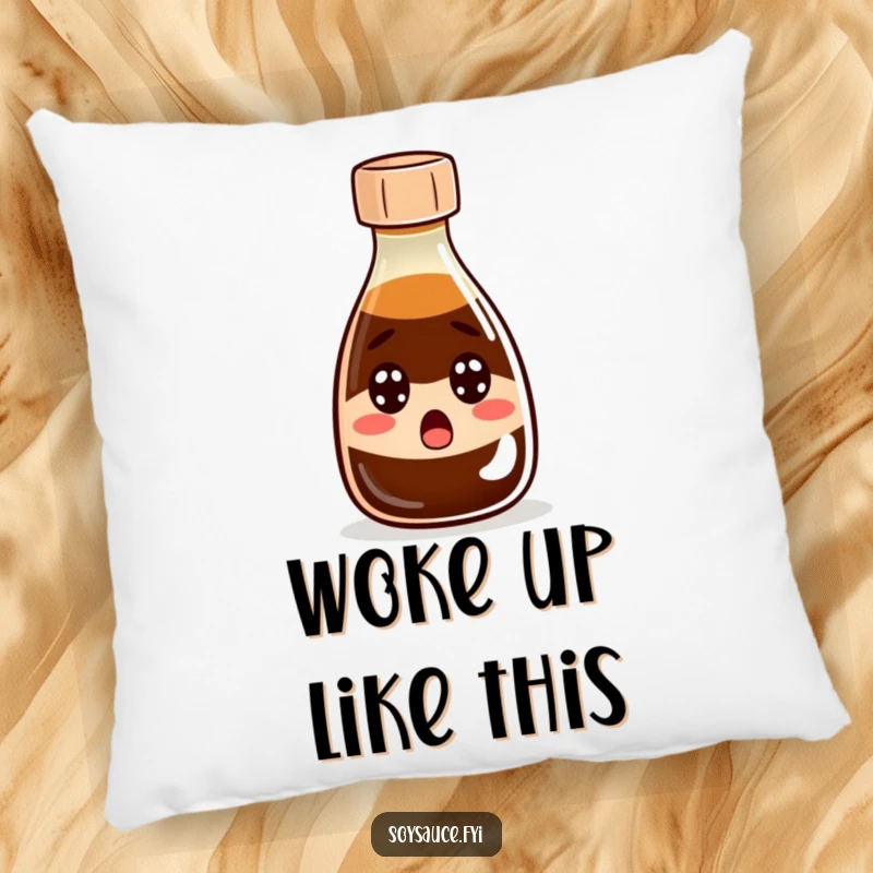 Funny Pillow: A soft, decorative pillow featuring a comical soy sauce bottle with big eyes in a state of surprise.