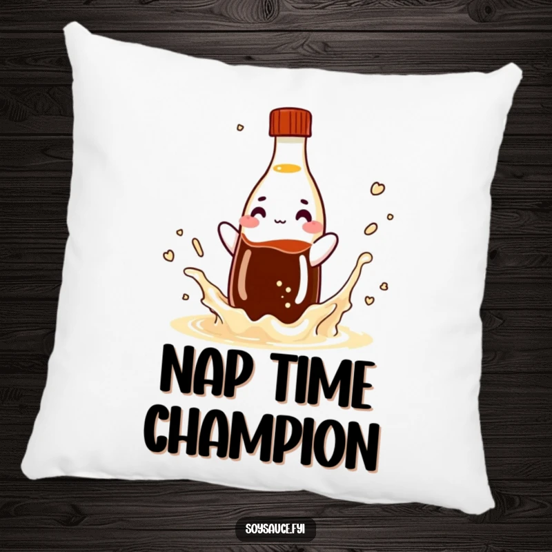 Funny soy sauce bottle pillow, a playful condiment character caught in a splash, offering comfort and humor.