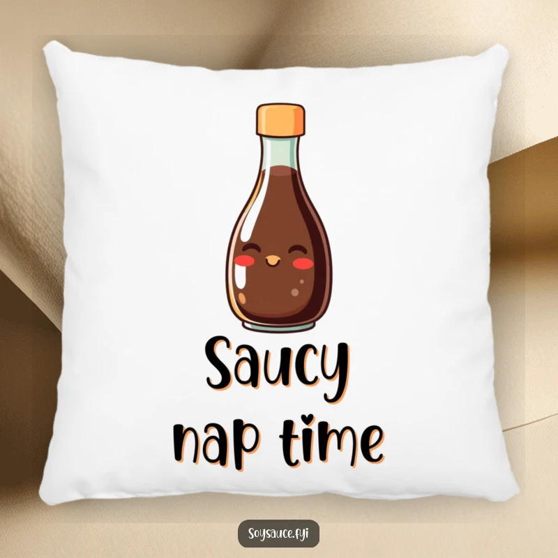 Funny pillow featuring a happy soy sauce bottle character grinning, bringing comfort and culinary cheer, a delightful decorative accent.