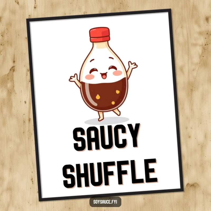Funny Dancing Soy Sauce Digital Art Print of a round bottle character in a joyful dance, bringing kinetic humor and vibrant energy to displays.