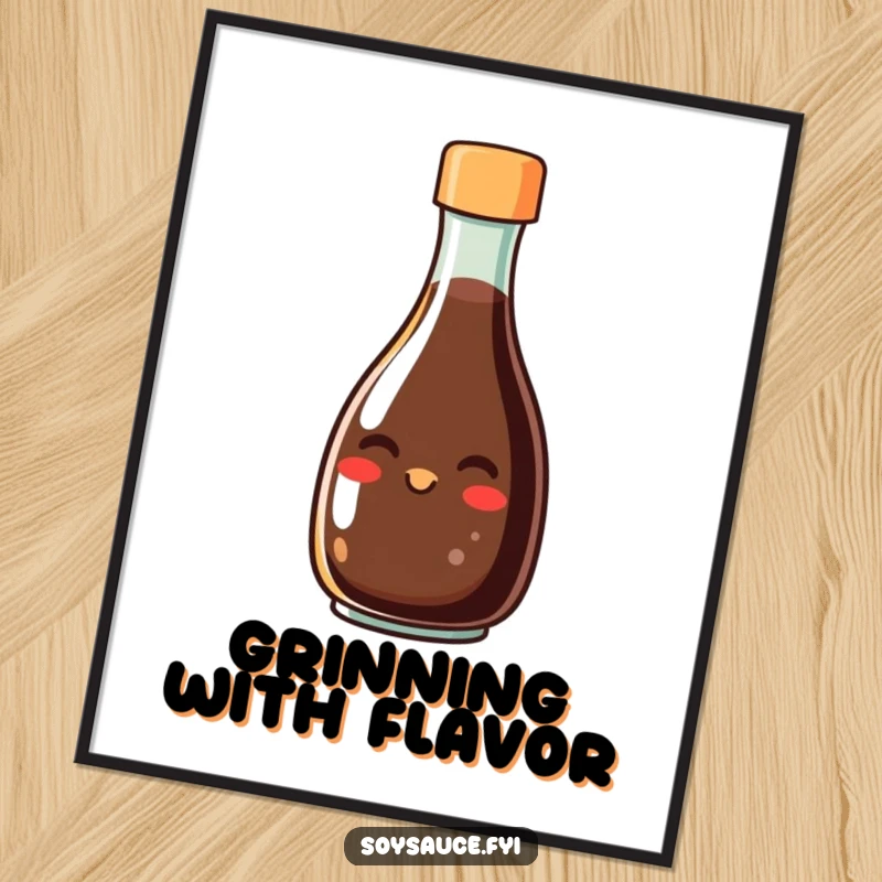 Funny digital art print of a smiling soy sauce bottle character with a happy grin, conveying culinary fun and good taste, perfect for kitchen decor.