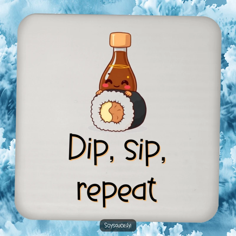 Funny Coaster set with a giggling soy sauce bottle peeking from behind sushi, offering surface protection with playful food-themed humor.