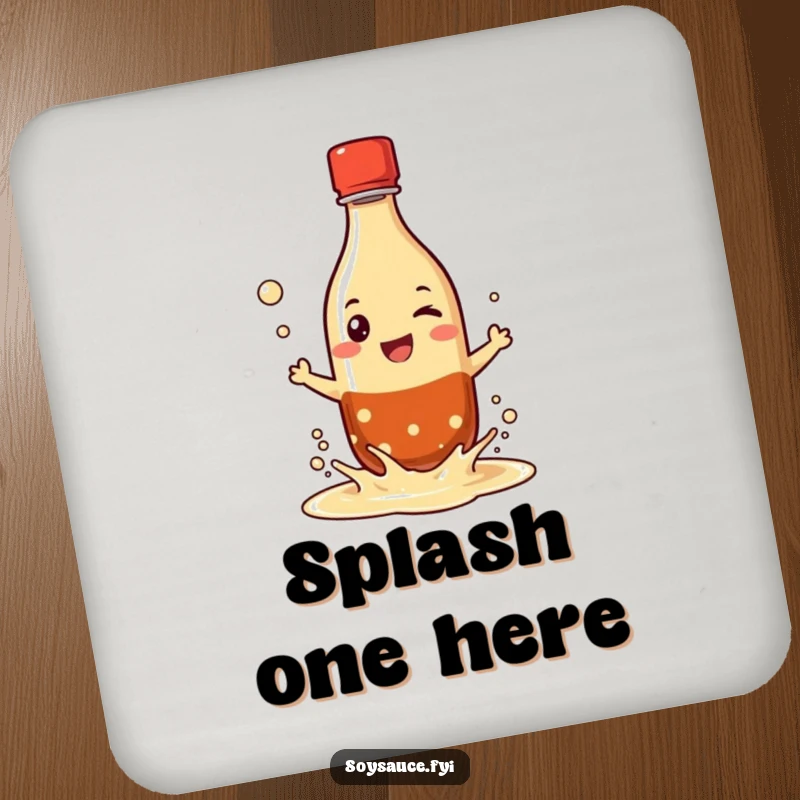 Funny drink coaster featuring a grinning soy sauce bottle character playfully splashing its liquid, protecting surfaces with playful humor.