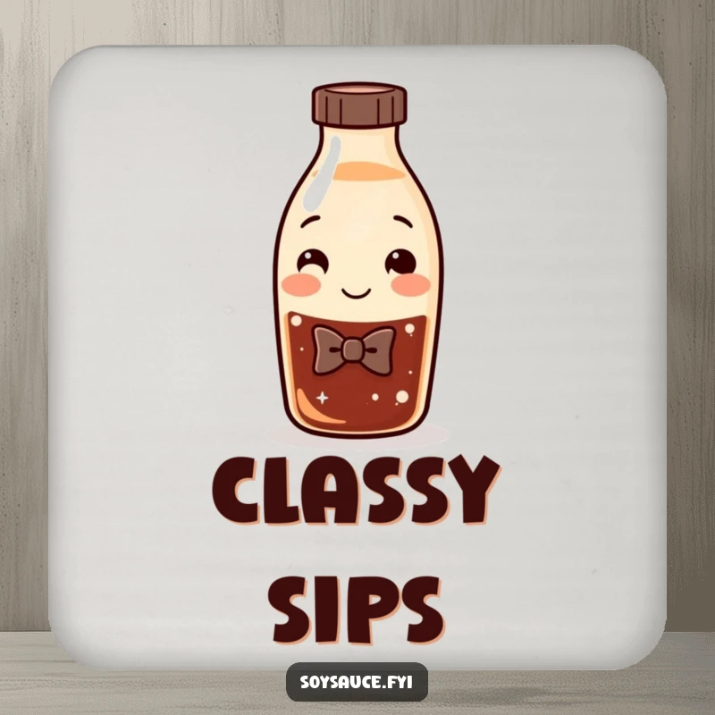 Funny Soy Sauce Coaster featuring a smiling bottle character wearing a bow tie, protecting surfaces with dapper and humorous flair.