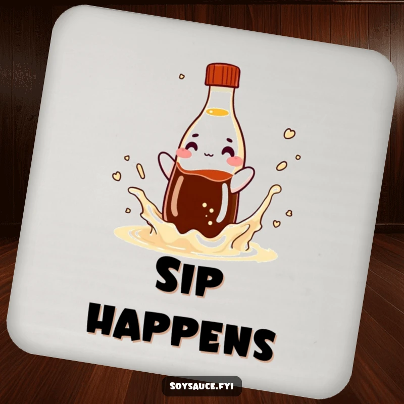 Funny soy sauce bottle coaster, a playful condiment character making a splash, protecting surfaces with style.