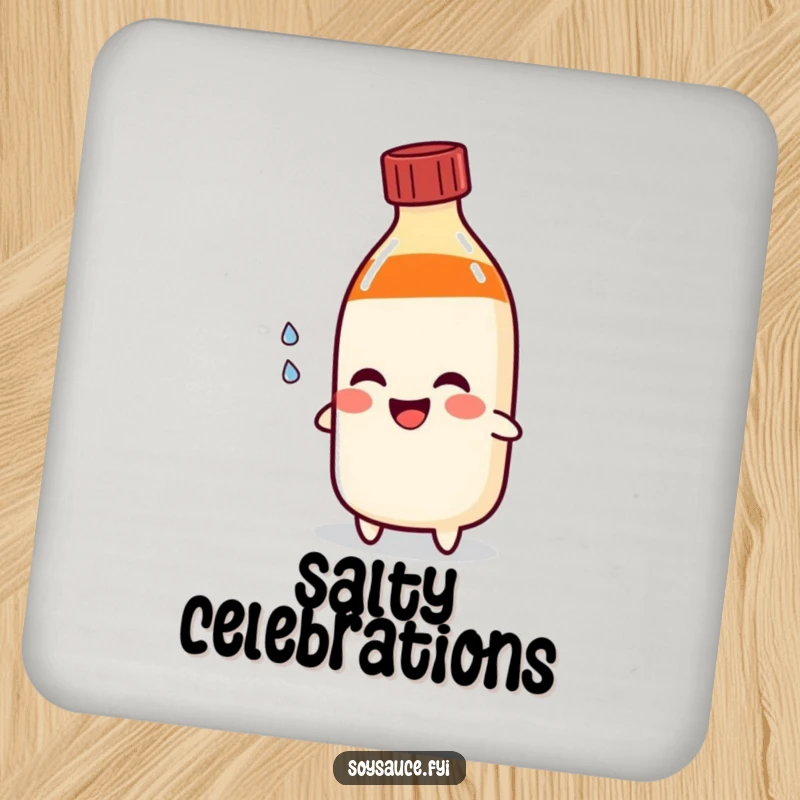Funny soy sauce bottle coaster character pouring a happy tear, a practical and humorous item for protecting surfaces.