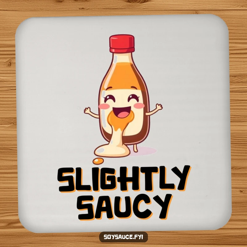 Funny Soy Sauce Glee Spill Coaster featuring a cheerful bottle character spilling with glee, perfect for adding humor and protecting surfaces.