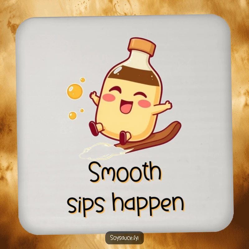 Funny winking soy sauce bottle coaster doing a smooth slide, adding playful style and surface protection with a cool vibe.
