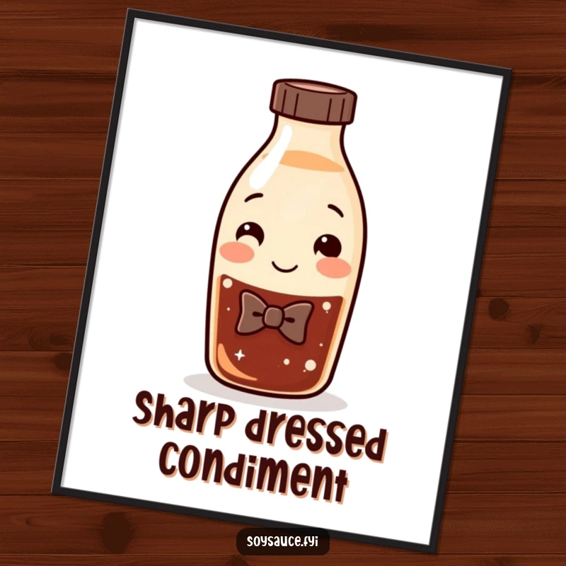 Funny Soy Sauce Poster showcasing a smiling bottle character elegantly dressed with a bow tie, bringing humor and charm to decor.