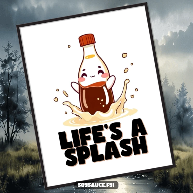 Funny soy sauce bottle poster, a playful condiment character splashing artfully, perfect for adding humor to decor.