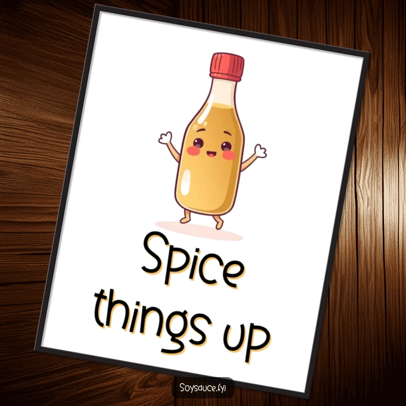 Funny cheerful soy sauce bottle poster dancing joyfully with its cap, a happy condiment character adding cheer.