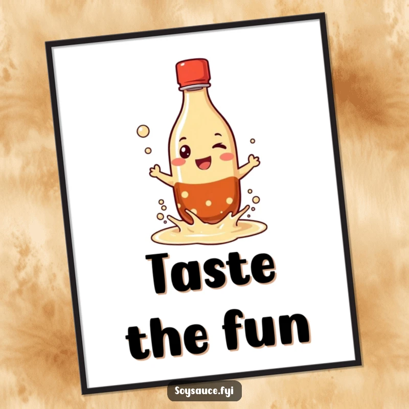 Funny poster of a grinning soy sauce bottle character playfully splashing its liquid, adding a lively and humorous artistic element.
