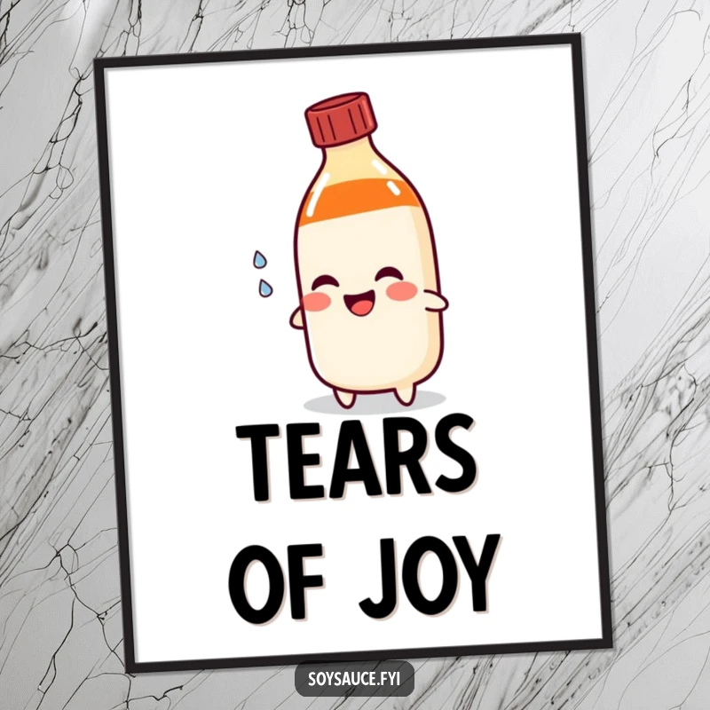 Funny soy sauce bottle poster character pouring a happy tear, perfect wall art for expressing comical emotions and adding humor.