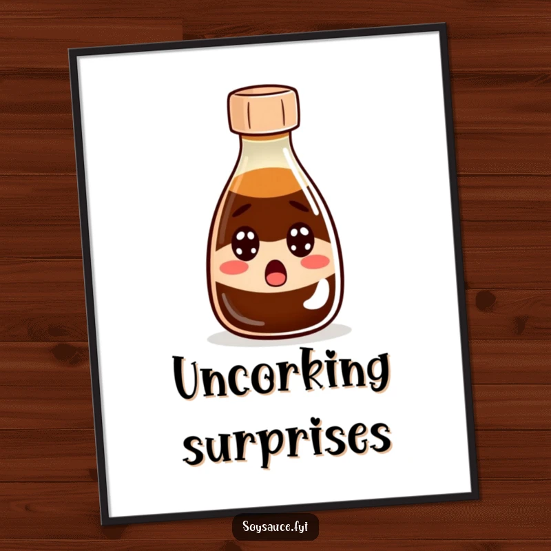 Funny Poster: A humorous illustration of a soy sauce bottle with exaggerated wide eyes and an open cap, in shock.
