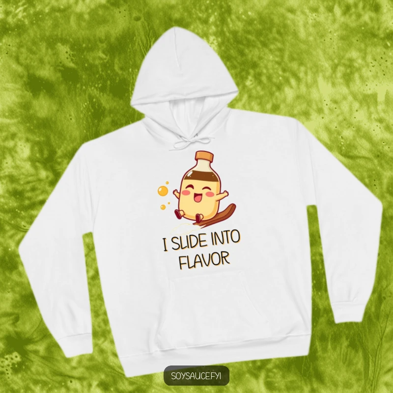 Funny winking soy sauce bottle hoodie performing a smooth slide, ideal for comfortable wear with a touch of playful swagger.