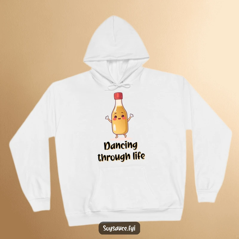 Funny cheerful soy sauce bottle hoodie dancing with its cap, a happy condiment character perfect for cozy vibes.