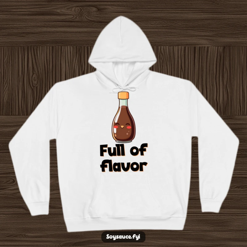 Funny hoodie depicting a smiling soy sauce bottle with a grin, radiating warmth and culinary fun, ideal for cozy, amusing wear.