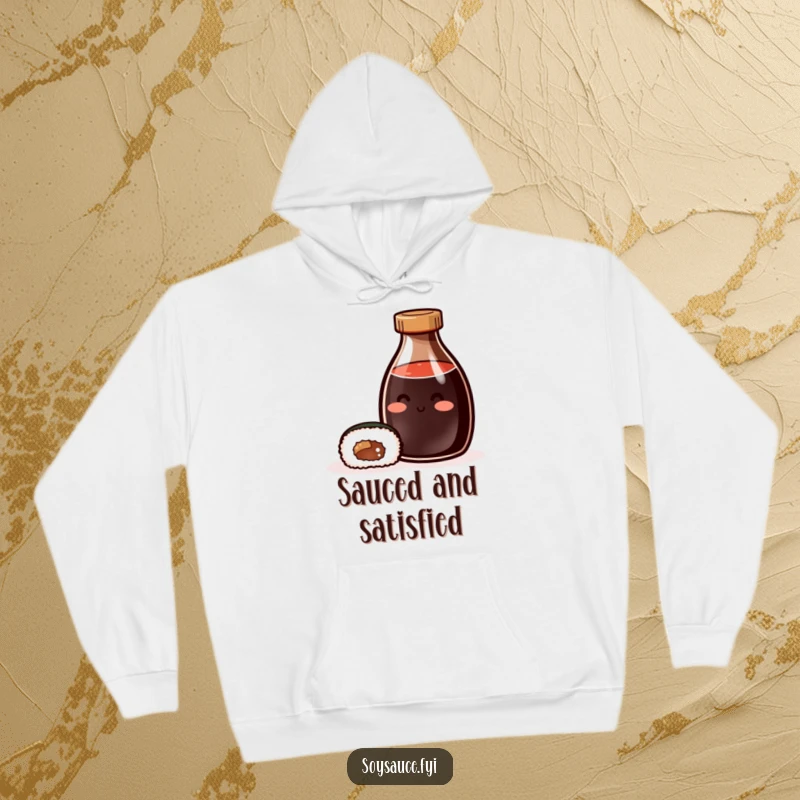 Funny Hoodie: A comfortable hoodie depicting a happy soy sauce bottle and sushi roll, designed for warmth and culinary delight.