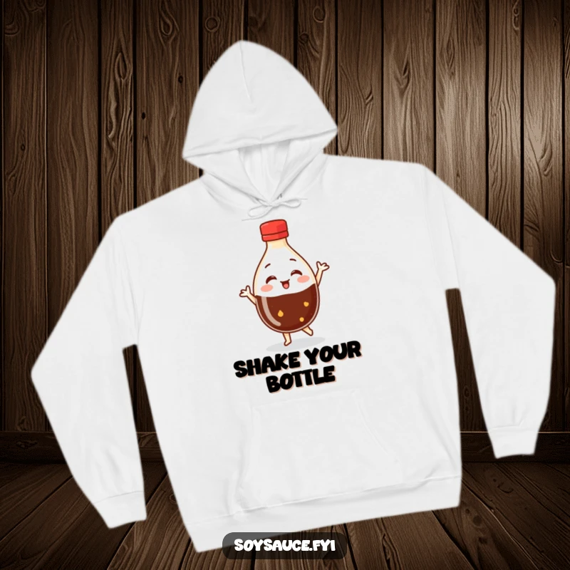 Funny Dancing Soy Sauce Hoodie featuring a round bottle character energetically dancing, perfect for cozy vibes and a humorous touch.