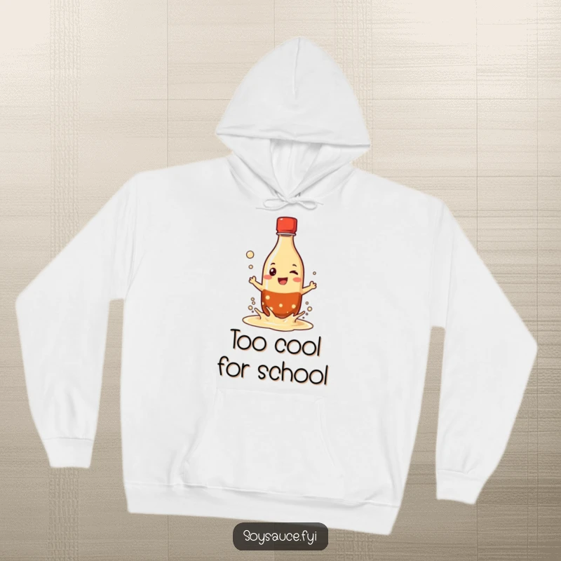 Funny hoodie featuring a grinning soy sauce bottle character playfully splashing its liquid, offering warmth and a dose of saucy humor.