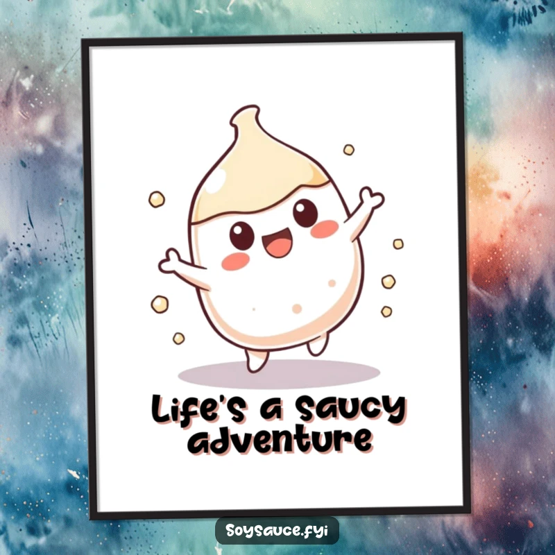 Funny Free Printable Kawaii soy sauce character caught in a joyful spin, bringing motion to wall art.