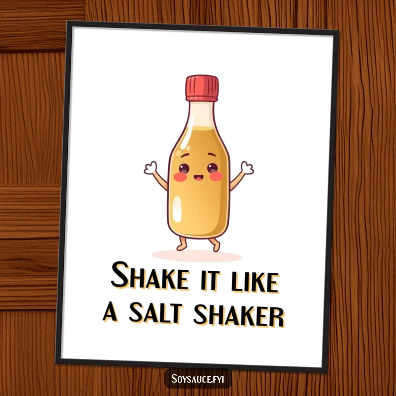 Funny Free Printable Wall Art: A cheerful soy sauce bottle in mid-dance with its cap, creating a lively atmosphere.