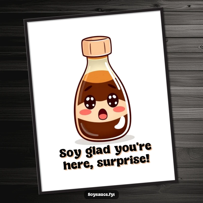 Funny Free Printable Wall Art: A soy sauce bottle with wide, surprised eyes and its cap slightly open.