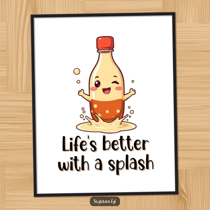 Funny Free Printable Wall Art: A grinning soy sauce bottle character playfully splashing its dark liquid.