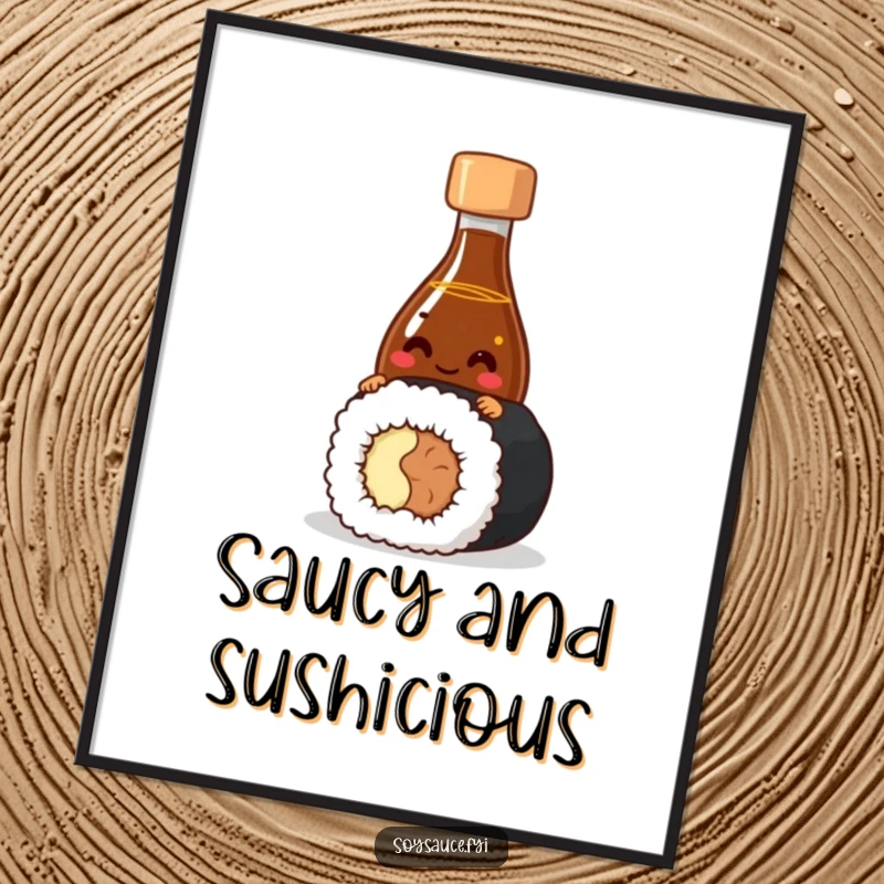 Funny Free Printable Wall Art of a giggling soy sauce bottle character playfully peeking from behind a sushi roll, perfect for kitchens.