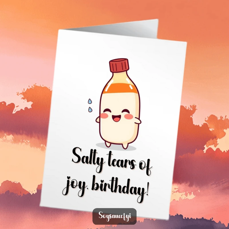 Funny Free Printable Birthday Card: A soy sauce bottle character sheds a happy tear, perfect for a quirky celebration.