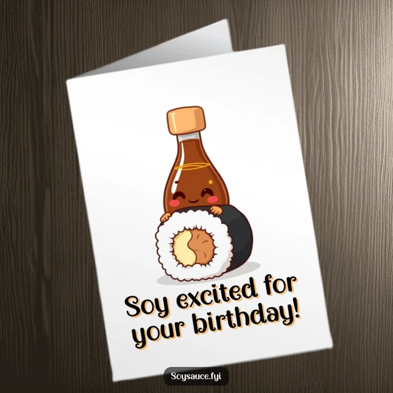 Funny Free Printable Birthday Card: a giggling soy sauce bottle character peeking playfully from behind a delicious sushi roll.