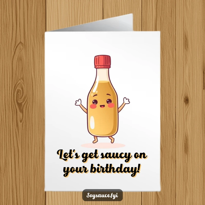 Funny Free Printable Birthday Card: A jubilant soy sauce bottle gleefully dancing with its cap, ready to party.