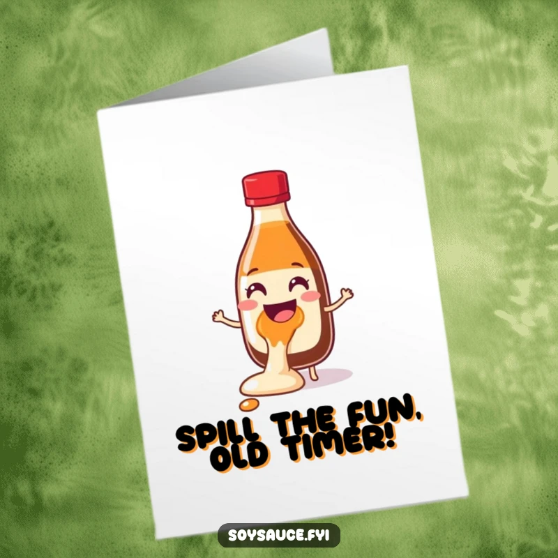 Funny Free Printable Birthday Card: A cheerful soy sauce bottle character spilling with glee, celebrating with messy, infectious happiness.